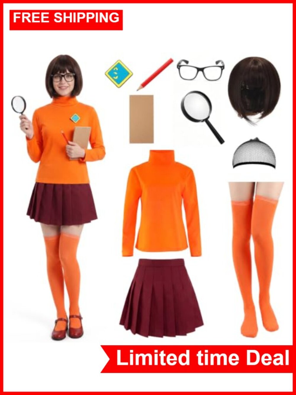 Velma Costume Set 9-Piece Polyester Halloween Cosplay Detective Outfit